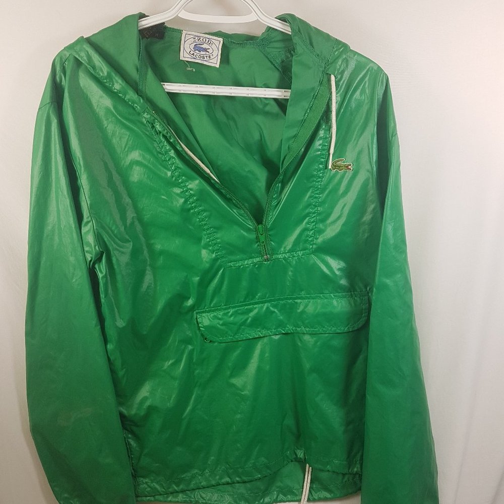VINTAGE Lacoste IZOD Gator Nylon Pullover Hooded Rain Jacket Windbreaker Green M